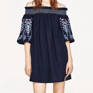 ZARA | Blumenmuster Navy Blue Off the Shoulder Embroidered Dress Women’s Size S